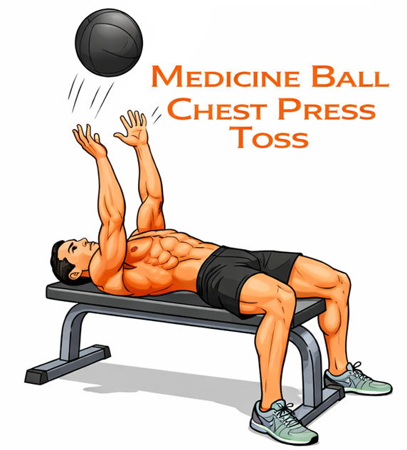 Illustrated guide to the Medicine Ball Chest Press Toss exercise