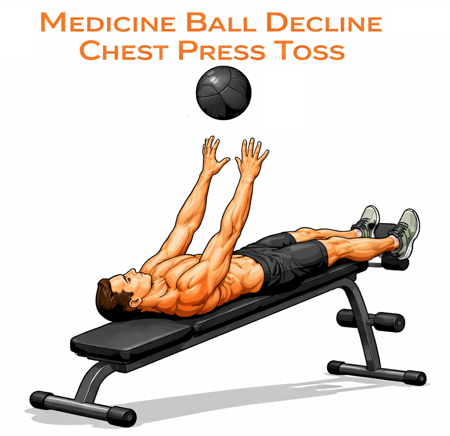 Illustrated guide to the Medicine Ball Decline Chest Press Toss exercise