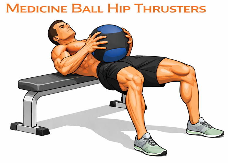 Illustrated guide to the Medicine Ball Hip Thrusters exercise