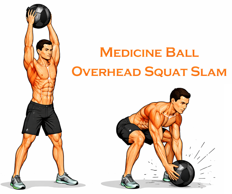 Medicine Ball Overhead Squat Slam illustration