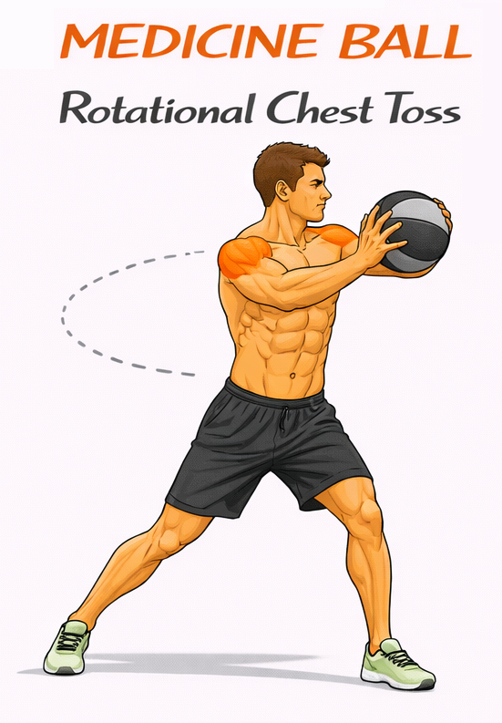 Illustrated guide to the Medicine Ball Rotational Chest Toss exercise