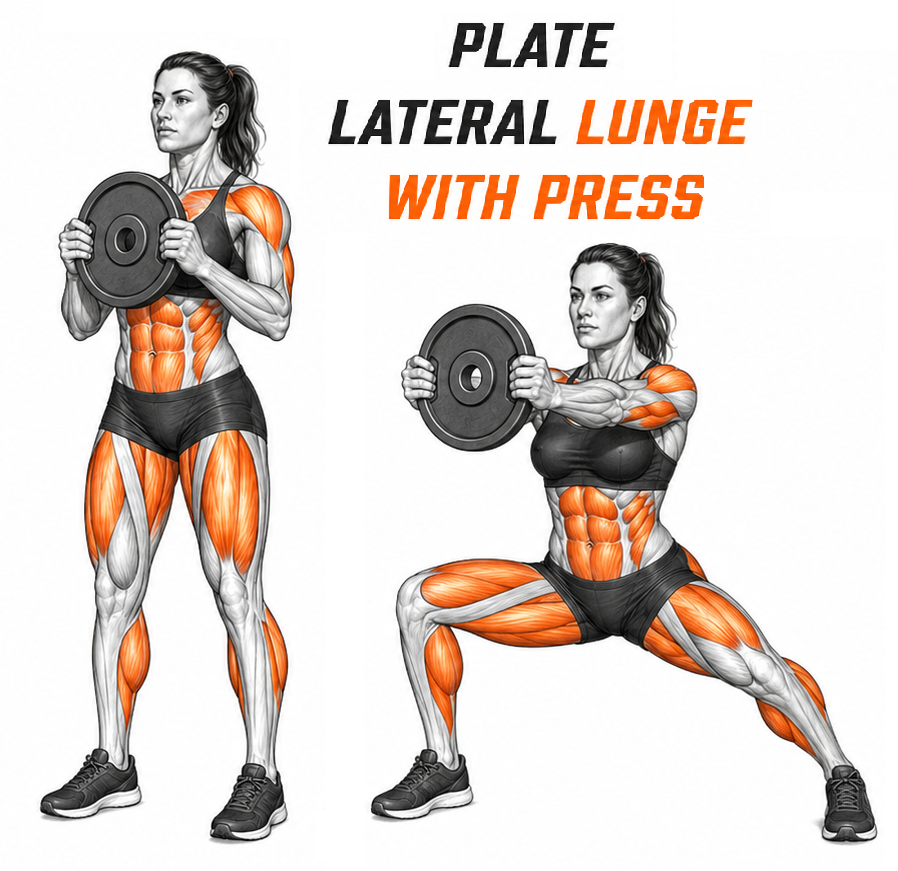 Plate Lateral Lunge with Press illustration