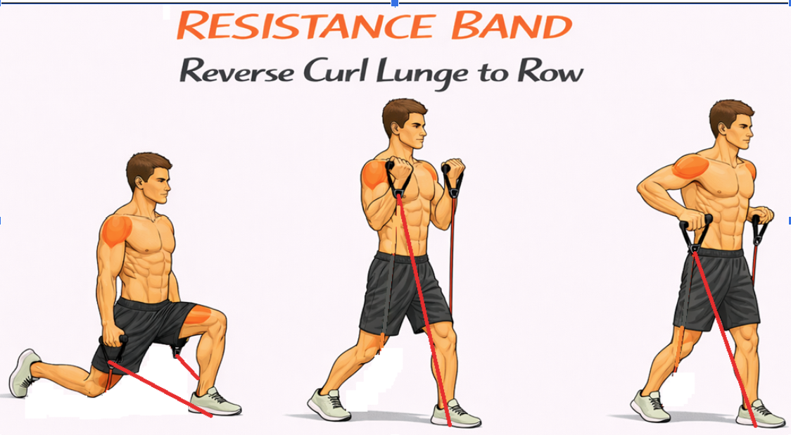Resistance Band Reverse Curl Lunge to Row illustration