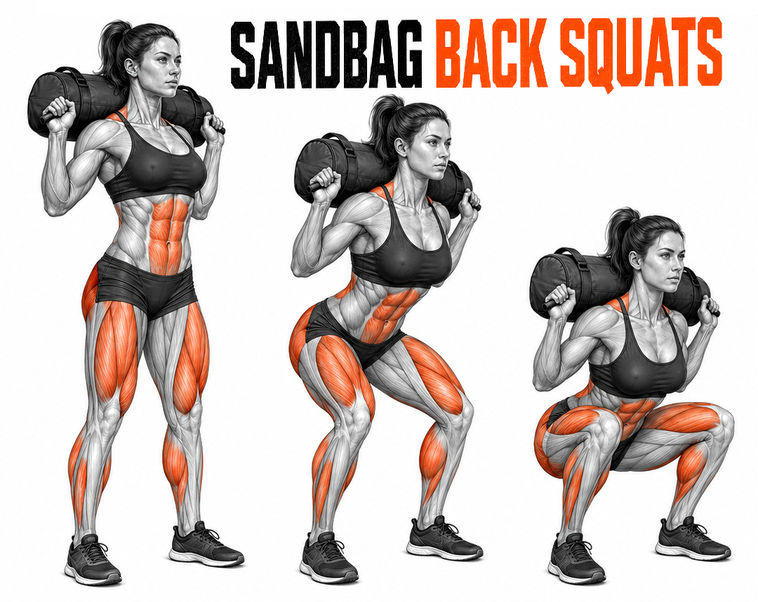 Illustrated guide to the Sandbag Back Squats exercise