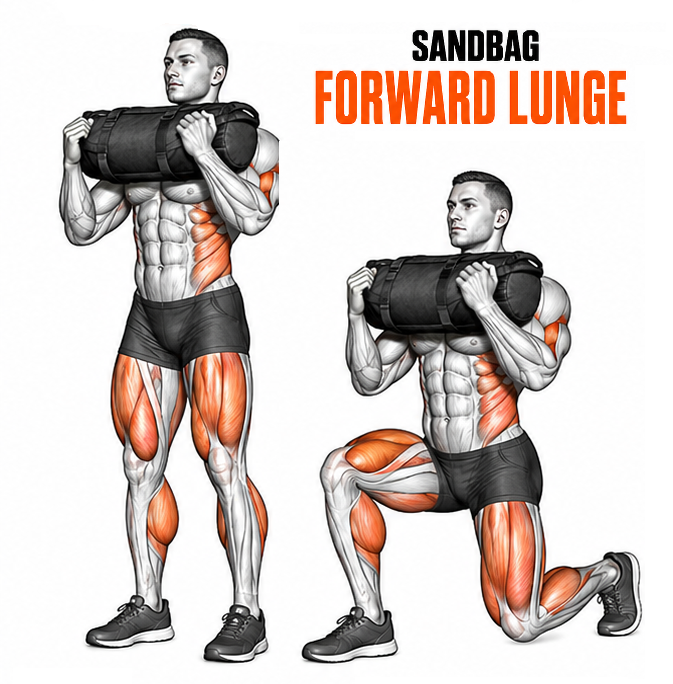 Illustrated guide to the Sandbag Forward Lunge exercise