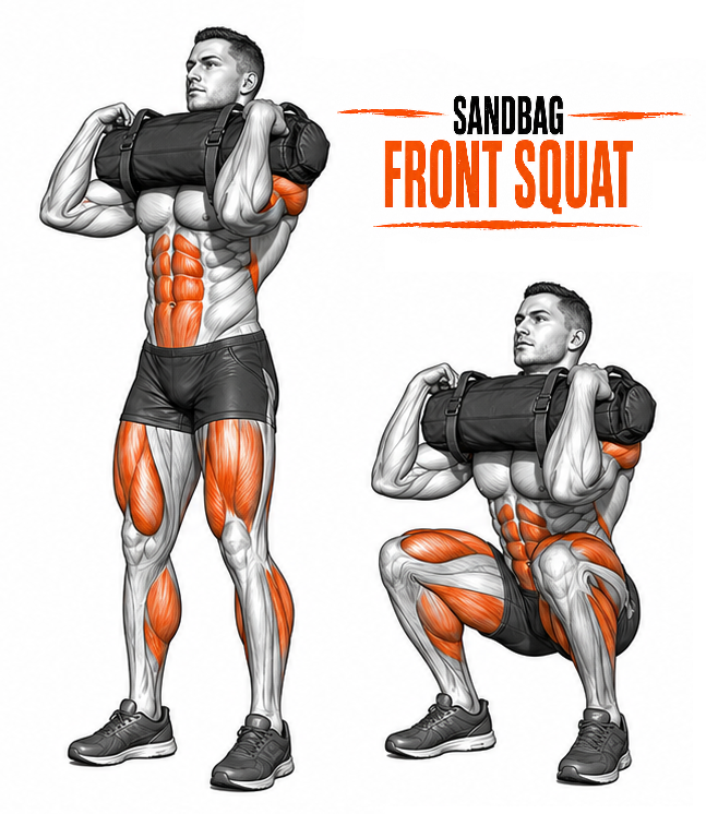 Illustrated guide to the Sandbag Front Squat exercise