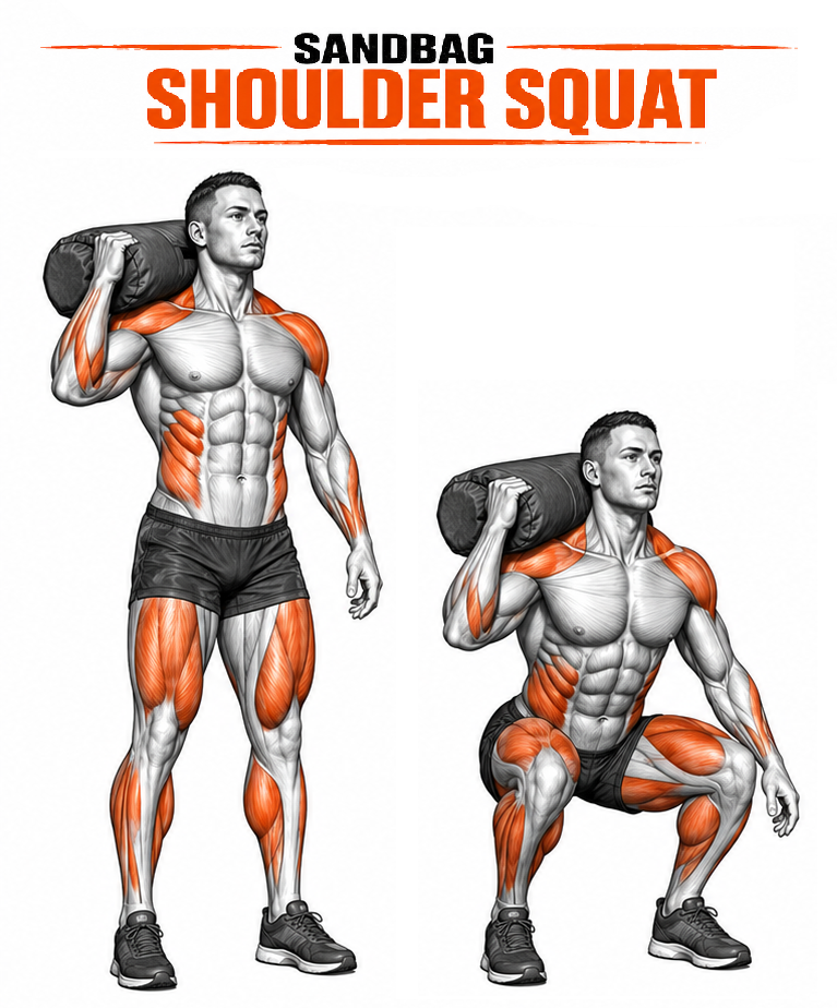 Illustrated guide to the Sandbag Shoulder Squat exercise