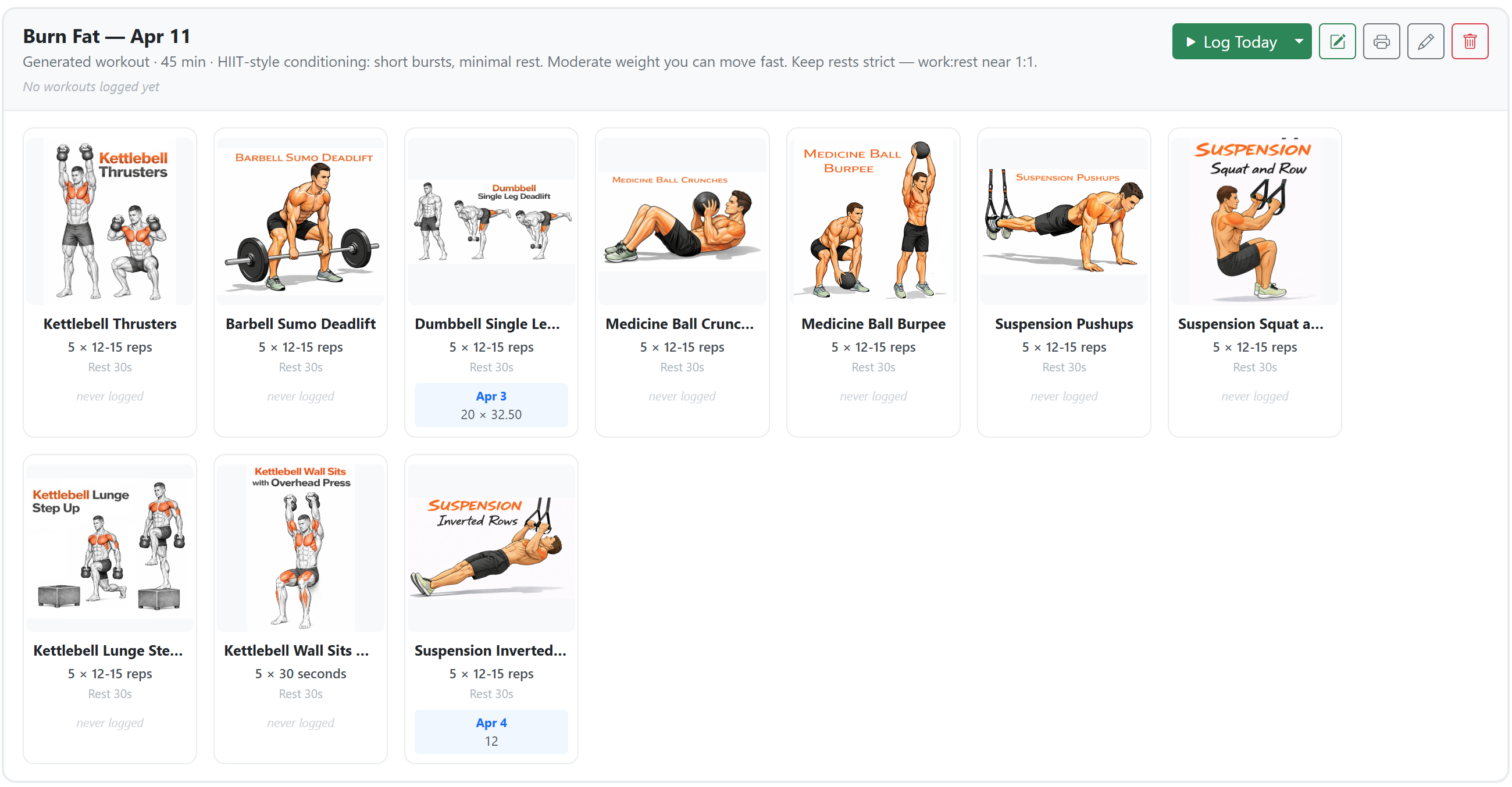 Example of a workout program generated by the wizard